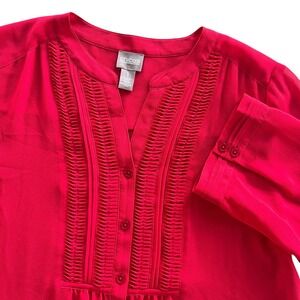 Chico's Women M Red Button 3/4 Sleeve Pintuck Detail Sheer Blouse Coastal Nautic